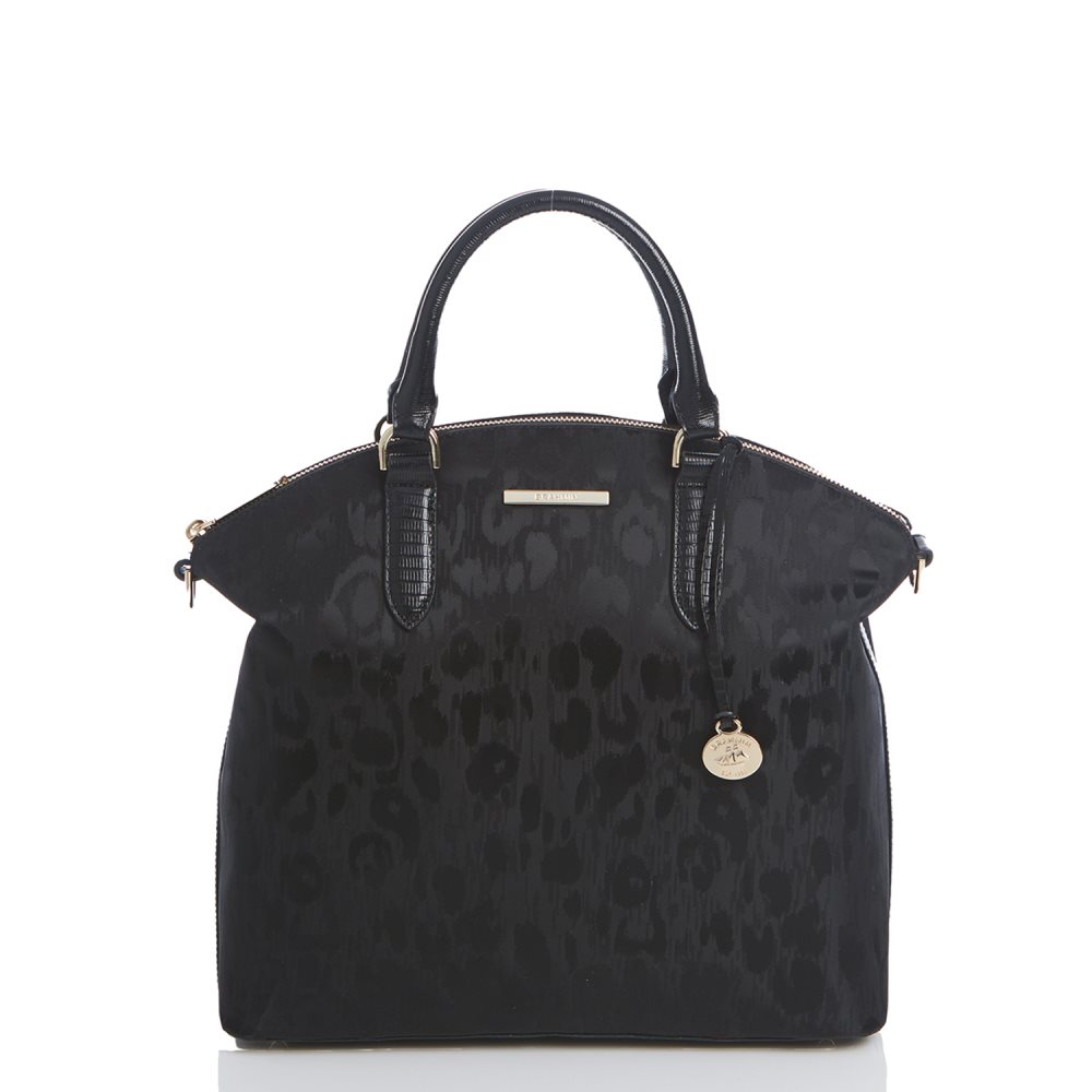 Brahmin | Women's Large Duxbury Satchel | Black Leather Leopard Purse - Click Image to Close